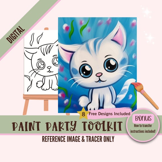 Cute Kitten Paint Party Sublimation PNG Tracer - Digital DIY Art, Pre-Drawn Canvas Stencil, Perfect for Crafting and Paint and Sip Parties