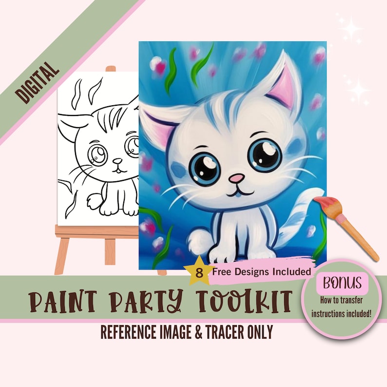Digital paint party toolkit for adults featuring a cute kitten design. This pre-drawn canvas stencil is perfect for DIY art projects, paint and sip parties, home decor, and gifts. Ideal for crafters, paint party hosts