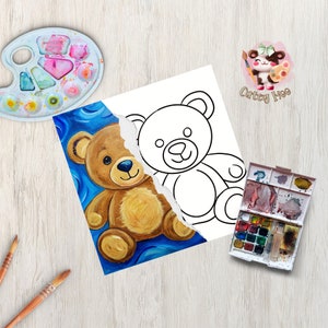 Digital Paint Party Toolkit featuring a teddy bear design. Includes a pre-drawn canvas tracer and instructions for an easy and fun paint and sip event. Perfect for adult craft parties and art enthusiasts.