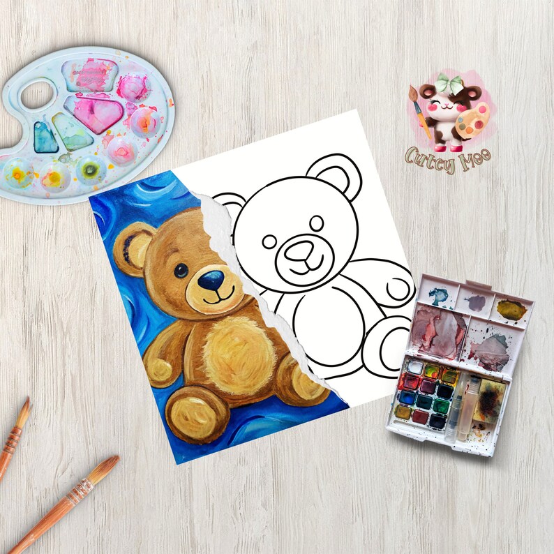 Digital Paint Party Toolkit featuring a teddy bear design. Includes a pre-drawn canvas tracer and instructions for an easy and fun paint and sip event. Perfect for adult craft parties and art enthusiasts.