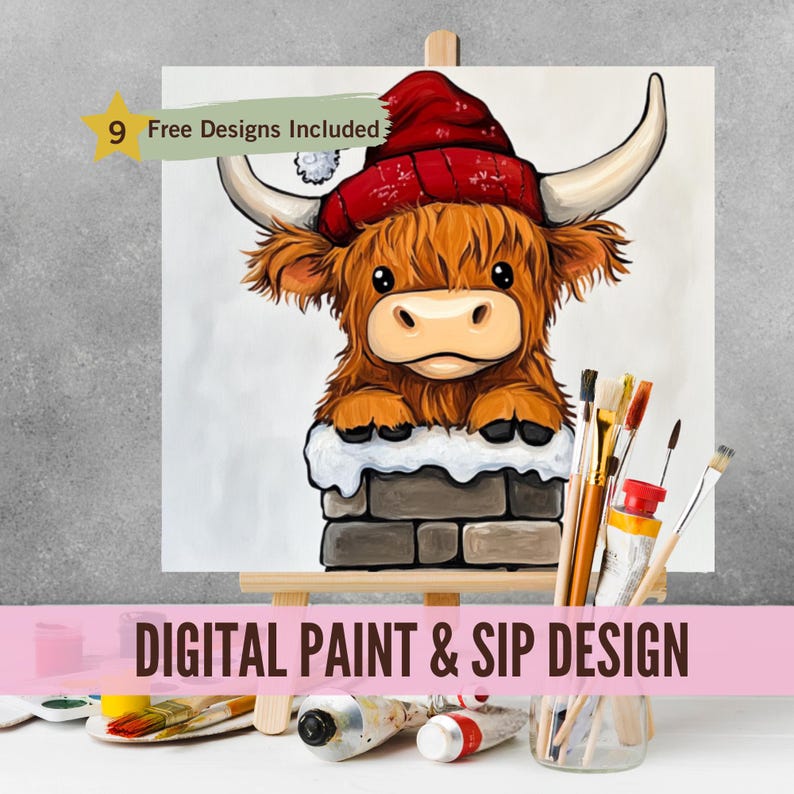 May include: Digital paint and sip design featuring a cute cartoon Highland cow wearing a red Santa hat and peeking out of a brick chimney. The design includes the text "9 Free Designs Included".