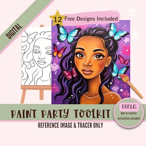 Black Girl Painting Party Printable, Sublimation PNG Tracer - Digital DIY Art, Pre-Drawn Canvas Stencil, Perfect for Paint and Sip Parties