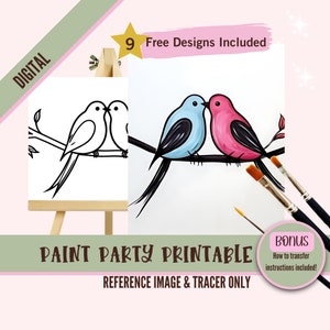 Kit de pintura de pareja Love Birds / Lienzo predibujado para cita nocturna / Pintura DIY y fiesta de sorbos / Plantilla imprimible de arte romántico, archivo digital