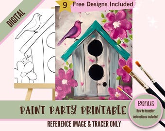 Puede incluir: Un modelo de pintura digital imprimible para fiestas que presenta una casita de pájaros con un techo turquesa y flores rosas. La casita de pájaros tiene dos agujeros redondos y un pájaro está posado en el techo. El modelo imprimible incluye una imagen de referencia y un trazador.