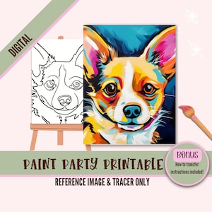 May include: Digital download of a paint party printable featuring a colorful, abstract portrait of a dog. The image includes a black and white line drawing of the dog for tracing.