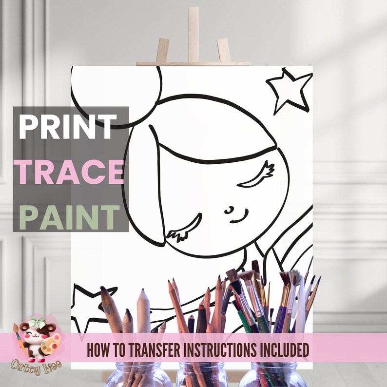 May include: A black and white line drawing of a girl with a star on a white canvas. The canvas is on an easel and there are paintbrushes in front of it. The text "PRINT TRACE PAINT" is on the canvas. The text "HOW TO TRANSFER INSTRUCTIONS INCLUDED" is below the canvas.