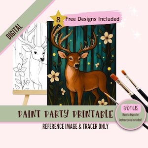 Festa de pintura da floresta de veados encantados para imprimir - Imagem de referência e marcador de floresta mágica com vaga-lumes - Pintura e bebida místicas - Download