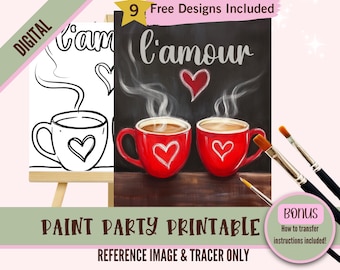 L'Amour Valentines Day Adult Sip and Paint Date Night - Love Birds Printable Paint On Canvas Templates - Perfect for Couples and Parties