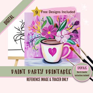 Kit de lienzo para fiesta de pintura y sorbos para amantes del café, plantilla prediseñada para fiestas de arte de bricolaje, plantilla imprimible, contorno PNG de noche de pintura, digital