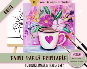 May include: Digital printable paint party reference image featuring a white coffee mug with a pink heart, filled with pink and purple flowers on a pink background.  9 free designs included.  Bonus: How to transfer instructions included.