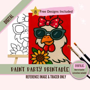 Página imprimible para colorear y trazar: Fiesta de pintura de pollo glamuroso / Descarga digital de arte de aves de granja adorables / Kit de girasoles para hacer tú mismo