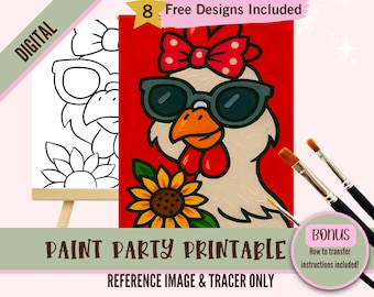 Pagina da colorare e stampare per la festa di pittura con il pollo glamour / Download digitale di disegni di uccellini da fattoria carini / Kit fai da te con girasole