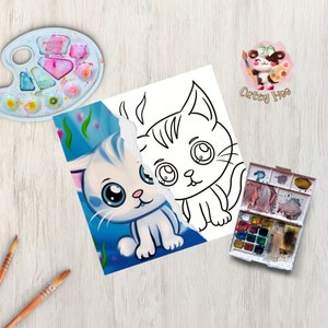 Digital paint party toolkit for adults featuring a cute kitten design. This pre-drawn canvas stencil is perfect for DIY art projects, paint and sip parties, home decor, and gifts. Ideal for crafters, paint party hosts