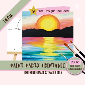 Plantilla imprimible para pintar paisajes al atardecer en el lago, trazador de arte en lienzo para hacer uno mismo, plantilla de pintura digital, diseño de noche de pintura, archivo de descarga de arte digital
