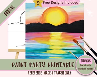 May include: Digital download of a sunset painting with a black silhouette of mountains and a reflection of the sun in the water. The image includes a bonus with instructions on how to transfer the image to a canvas.  9 free designs are included.