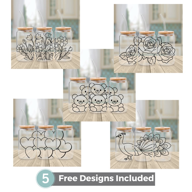 May include: Five different designs for glass jars with bamboo lids and straws. The designs include flowers, roses, teddy bears, hearts, and a peacock. The text "5 Free Designs Included" is at the bottom of the image.