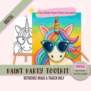 Fiesta de pintura de unicornio de princesa de cuento de hadas imprimible, sublimación PNG DIY Art, plantilla de lienzo predibujada, perfecta para fiestas de pintura y sorbos