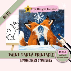 Kit de fiesta de pintura y sorbos de zorro rojo de invierno, lienzo, plantilla prediseñada para fiestas de arte de bricolaje, plantilla imprimible, contorno PNG de noche de pintura, digital