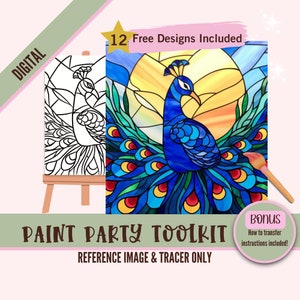 Pauwenveren schilderij feest afdrukbaar, sublimatie png-tracer, doe-het-zelfkunst, vooraf getekend canvas stencil, perfect voor verf- en slokfeestjes