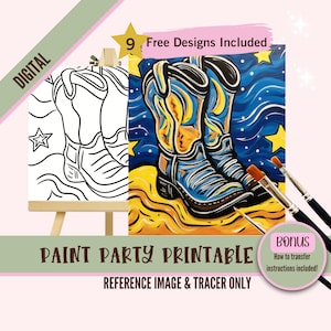 Festa de pintura de botas de cowboy de noite estrelada, tela pré-desenhada para adultos, kit de pintura e gole, projeto de arte de download digital DIY, perfeito para festas