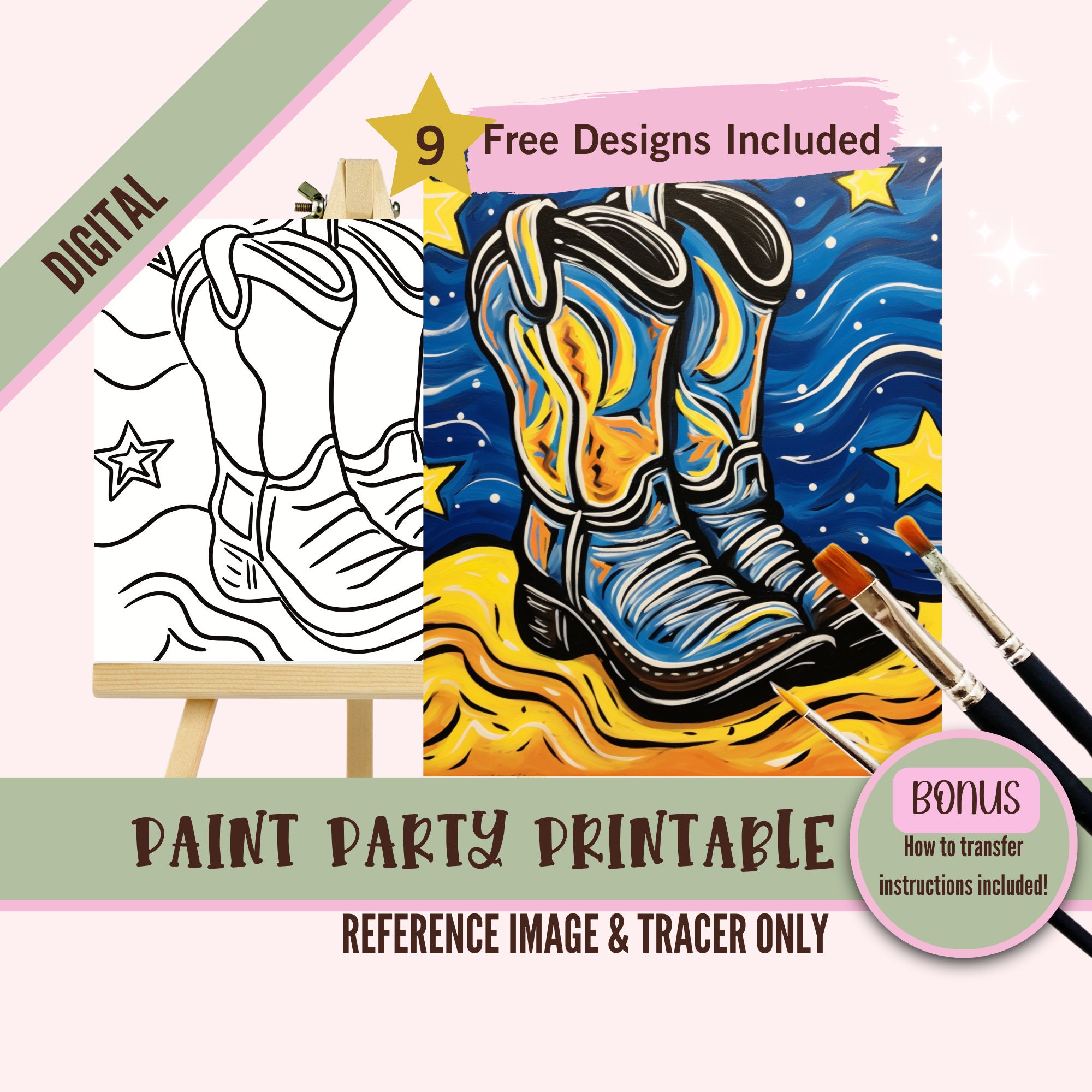 Starry Night Cowboy Boots Paint Party, Pre Drawn Canvas for Adults