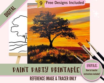 Kit de fiesta de pintura y sorbos de paisajes, plantilla prediseñada para fiestas de arte de bricolaje, plantilla imprimible, contorno PNG de noche de pintura, digital