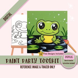 Happy Frog verffeest afdrukbaar - digitale schilderset voor volwassenen - leuk kikkervisje en verfcanvasset - vooraf getekende stencil voor doe-het-zelfkunst