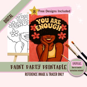 Pintura de Afirmação de Garota Afro PNG, Kit de Estêncil de Tela Pré-Desenhado Faça Você Mesmo, Perfeito para Colorir, Pintar e Beber Festas