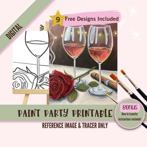 Kit de lienzo para fiesta de pintura y sorbos de vino, plantilla prediseñada para fiestas de arte de bricolaje, plantilla imprimible, contorno PNG de noche de pintura, descarga digital