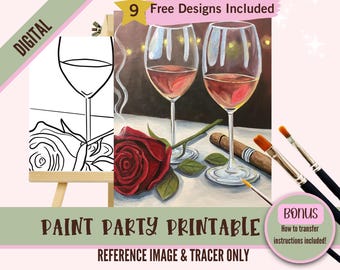 Kit de festa de pintura e gole de vinho em tela, modelo pré-desenhado para festas de arte DIY, estêncil para impressão, contorno de PNG de noite de pintura, download digital