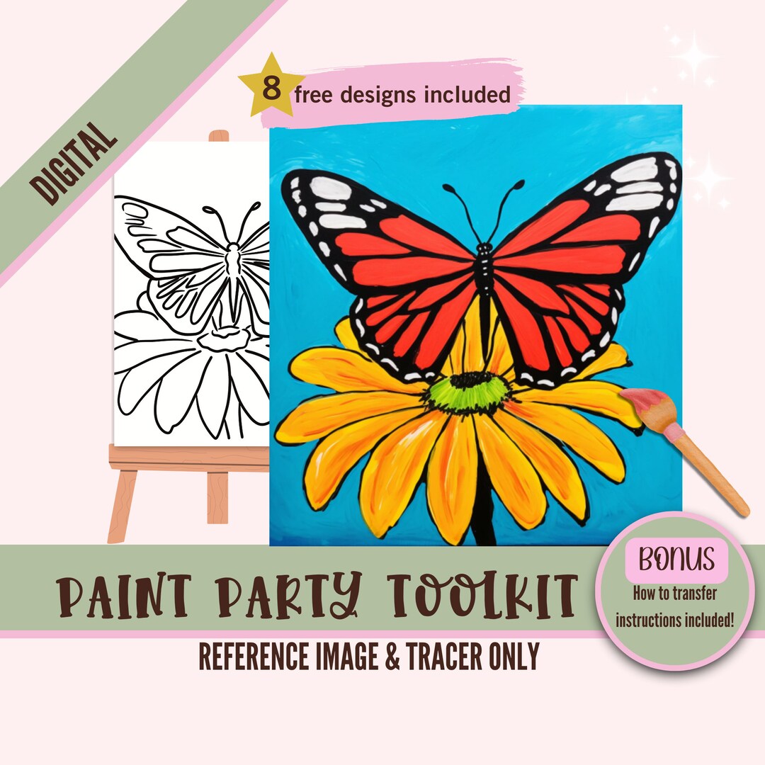 Butterfly on Flower Sip and Paint Canvas Kit - Pre Drawn Outline, DIY ...