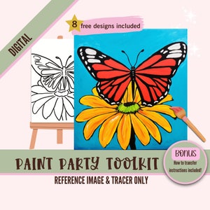 Vlinder op bloem slokje en verfcanvaskit: voorgetekende schets, doe-het-zelfsjabloon voor Family Art Night. Verjaardagsfeestjes, afdrukbare sjabloon
