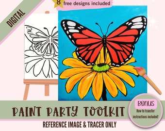 Butterfly on Flower Sip and Paint Canvas Kit - Pre Drawn Outline, DIY Stencil for Family Art Night. Birthday Parties, Printable Template