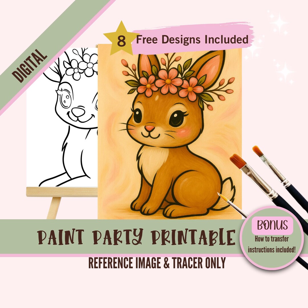Cute Bunny With Flower Crown Paint Party Printable Tracer & Coloring ...