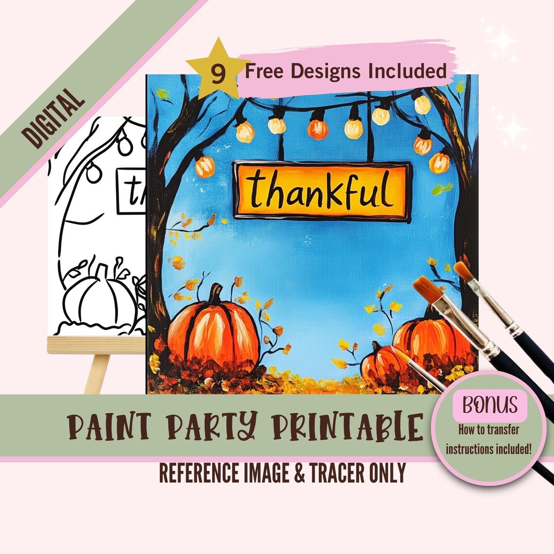 Sip and Paint Party Kit Canvas, Pre Drawn Thankful Pumpkin Template for ...