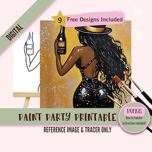 Afdrukbaar oudejaarsfeest verffeest - glamour zwarte vrouw met champagne tracer - feestelijk 2025 DIY-decor - nieuwjaarskunstkit voor volwassenen