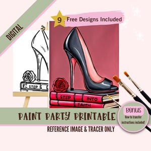 Mesdames nuit siroter et peinture sur toile, modèle prédessiné pour fête de peinture bricolage, pochoir imprimable, contour Png peinture soirée, talons fleurs