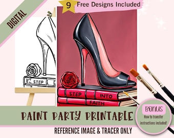 Ladies Night Sip and Paint Canvas, Pre drawn Template for DIY Painting Party, Printable Stencil, Paint Night Out Png Outline, Flower Heels