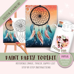 Kit de imágenes imprimibles de fiesta de pintura para adultos diy, instrucciones de descarga de diseño de plantilla Png predibujadas para sorber y pintar, esquema de pintura sobre lienzo,