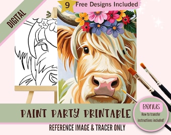 Spring Highland Cow Painting Template, Floral Cow Sip and Paint, Farmhouse Art Traceable, DIY Acrylic Painting, Country Decor Printable