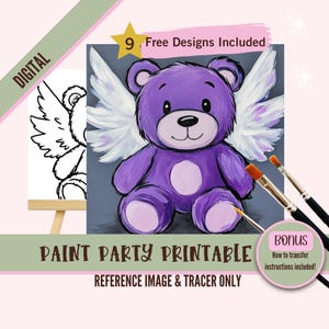 Può includere: Download digitale di un'immagine stampabile per una festa di pittura con un orsacchiotto viola con ali d'angelo bianche. L'immagine include un'immagine di riferimento e un tracciato per dipingere.
