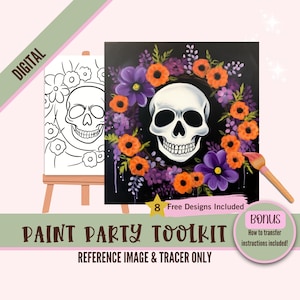 DIY Schädel Planter Gemälde, Halloween-Kranz Leinwanddrucke Vorlage & Printables für Farb- und Schluckpartys, PNG Sublimation Design Gliederung