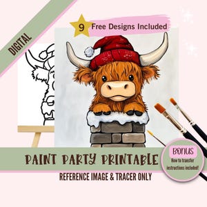 May include: Digital paint party printable featuring a Highland cow wearing a red Santa hat and peeking out of a brick chimney. The printable includes a reference image and a tracer.