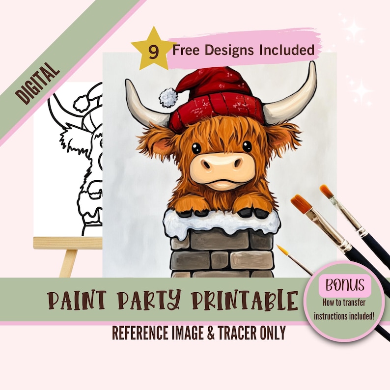 May include: Digital paint party printable featuring a Highland cow wearing a red Santa hat and peeking out of a brick chimney. The printable includes a reference image and a tracer.