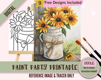 Sunflower Paint Party Printable, Rustic Farmhouse Floral Painting, DIY Art Template, Fall Paint Night, Country Home Decor Download