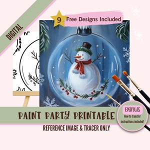 Kit de fiesta de pintura y sorbos con globo de nieve, plantilla prediseñada de muñeco de nieve para fiestas de arte de bricolaje, plantilla imprimible, contorno PNG de noche de pintura