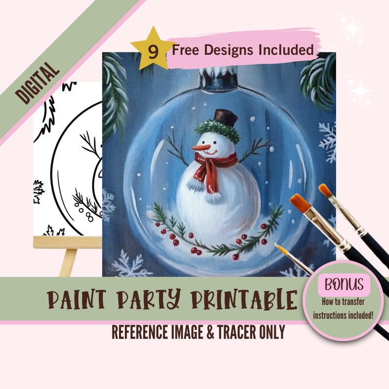 Snow Globe Sip and Paint Party Kit Canvas, Snowman Pre Drawn Template ...
