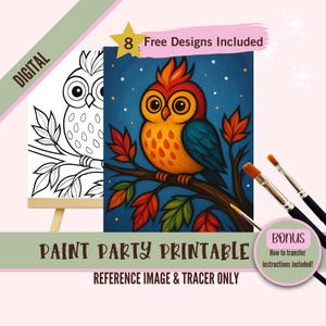 Colorful Owl Paint Party Printable - Whimsical Autumn Night Sky Reference Image & Tracer - Cute Paint and Sip - Digital Download