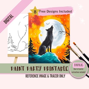 Festa de pintura da Lua do Lobo para imprimir, Kit de arte DIY de Halloween para crianças, Modelo de pintura de silhueta uivante, Download de artesanato assustador de noite de outono