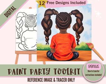 Black Girl With Braids Art Painting Party PNG, DIY Pre-Drawn Canvas Stencil Kit, Perfect for Black Girl Coloring and Paint and Sip Parties
